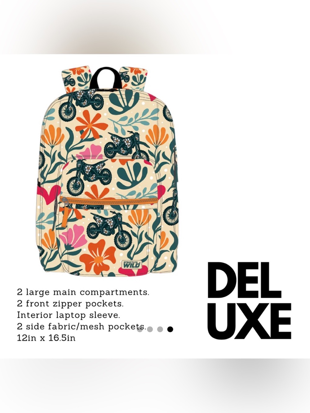 Kids Floral Motorcycle Print Backpack - Cream/Green/Orange
